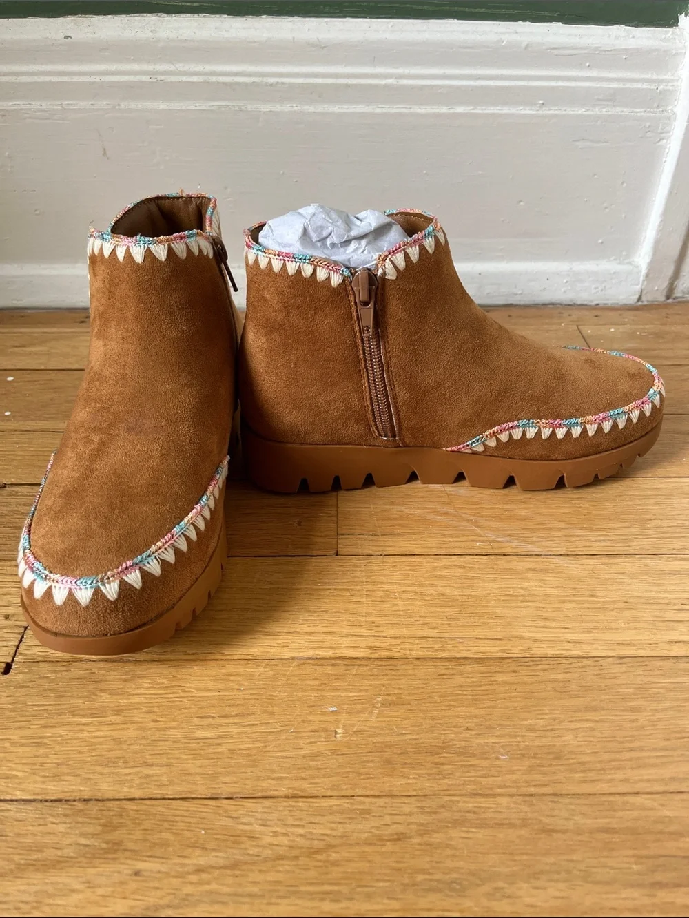 MIA Girls Brown Suede Ankle Boots with Multicolor Stitching